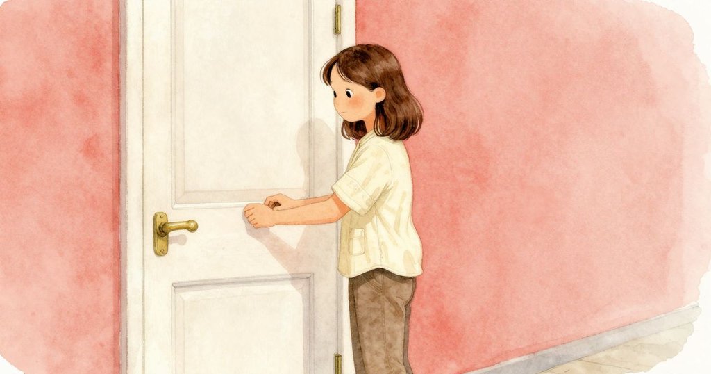 艾瑞絲關上修理店大門，低角度呈現銅把手映著霓虹淡玫瑰光，結尾充滿著靜謐與神秘的氣息