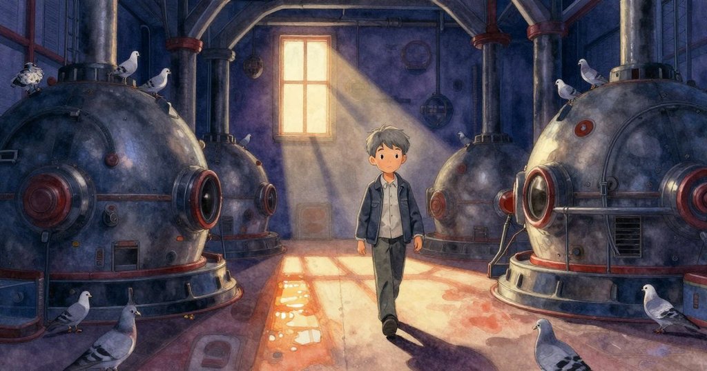 灰色人物在機械室中行走, 屋頂鸽群飛舞, 陶製狐獴靜坐窗邊, 日光灑落, 場景充滿神秘與溫暖氛圍