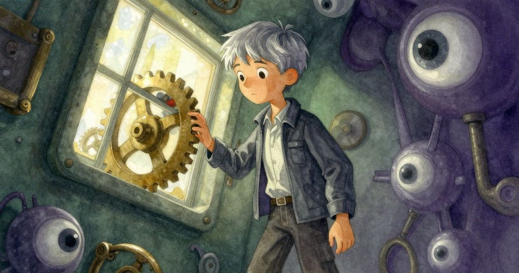 從陶製狐獴視角看, 灰色人物穿行於暗淡機械室, 窗外日光投射於銅齒輪, 呈現神秘與好奇氛圍