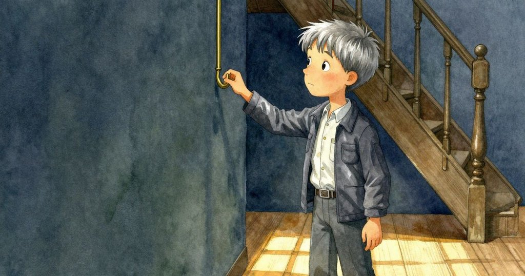 灰色人物在狹窄樓梯前停步, 手持摺疊雜誌觸向空洞銅勾, 陽光製就木質光網, 過渡空間充滿期待情緒