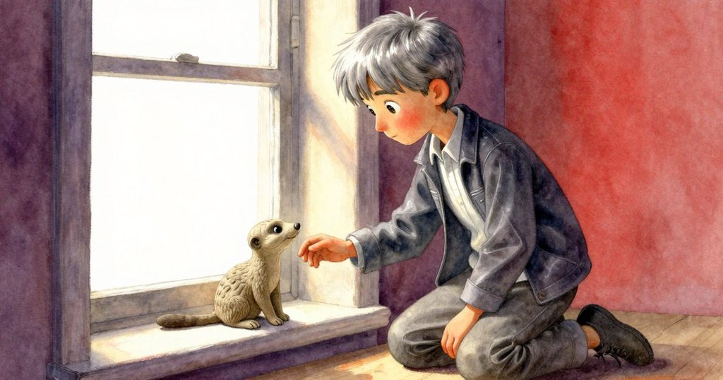 灰色人物俯身與陶製狐獴親切互動, 眼神溫柔交流, 窗邊溫暖光線灑落, 彼此間的默契流露無遺