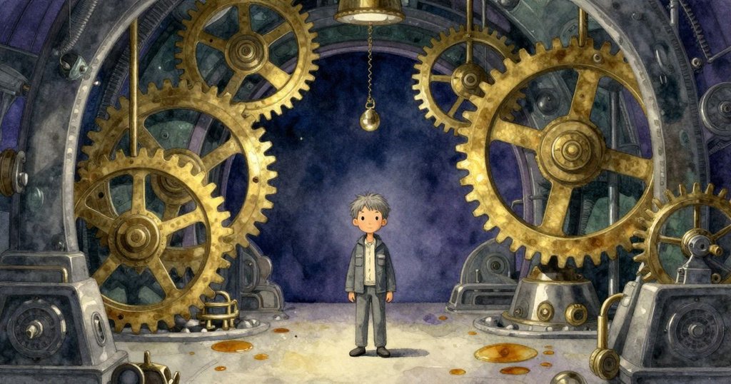 在廣闊機械室中, 灰色人物顯得渺小, 巨大銅齒輪與擺錘環繞, 燦爛光影映襯, 充滿沉思與結局情感