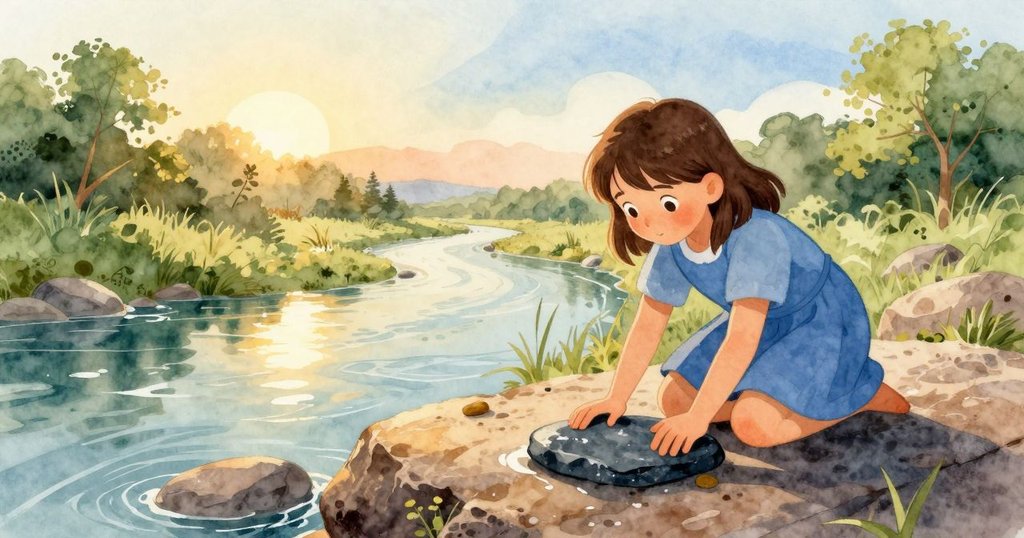 Raine在河邊的碎石灘上跪著，小心將大石板放在濕潤花崗岩上，背景有流水與水草，神情堅定