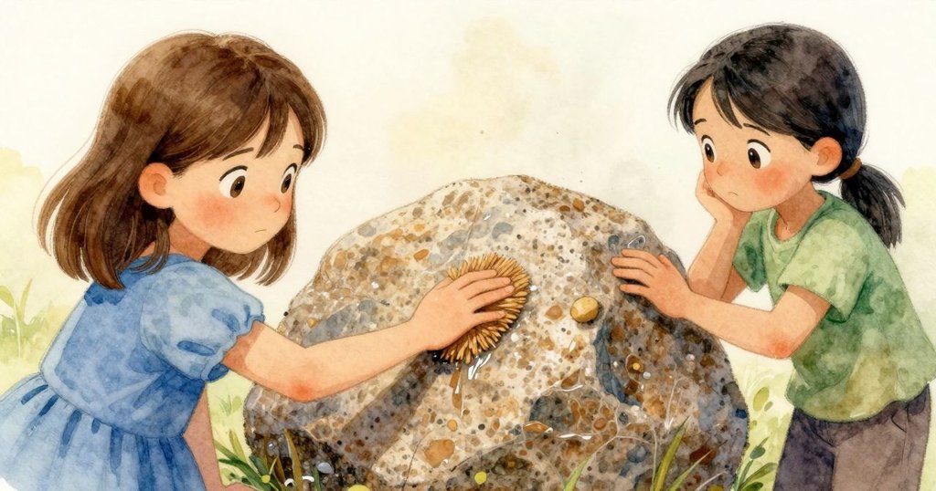 Raine的手指細膩觸碰濕潤石板，每道微妙顛簸清晰可見，展現出構建石塔前的用心細節