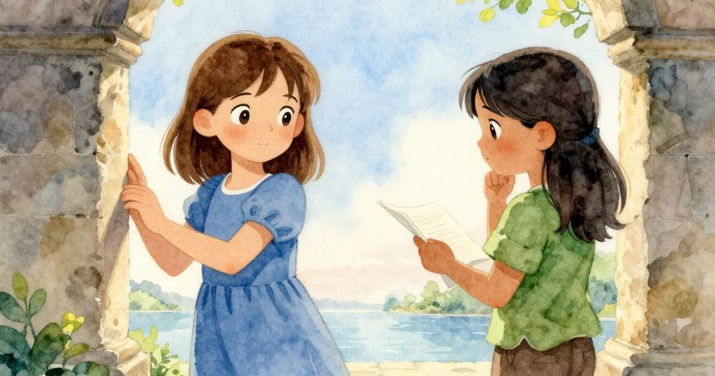 從背後觀察Raine專注檢查石塔，Eve站在河邊手持筆記本記錄，兩人相輔相成，畫面充滿清晨光影