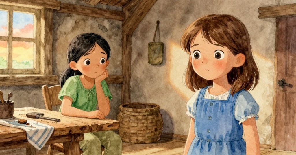 在鄰近河邊的小木屋內，Raine與Eve圍坐木桌旁檢視工具與條紋布，室內溫暖光線映襯出靜謐討論氛圍