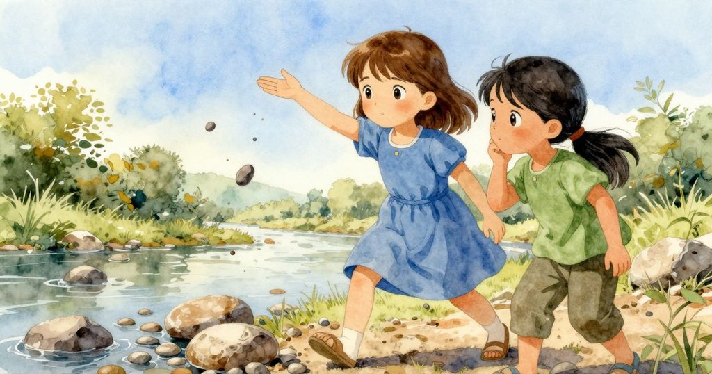 石塊散落後Raine彎身拾起顆顆碎石，Eve上前扶持，兩人展現出團結與堅毅，背景為明亮河邊