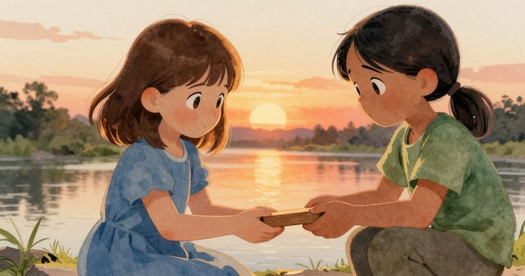 傍晚柔和光線下，Raine將精心製作的木楔溫柔遞給Eve，兩人神情充滿理解與支持，河邊靜謐背景襯托出希望