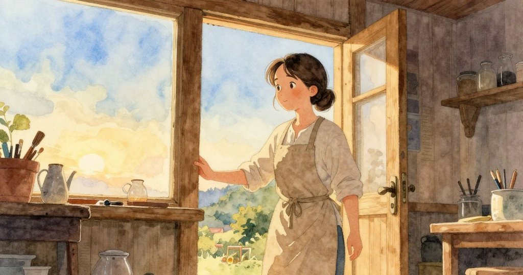 Sian 走進晨光中的工作室，神情平靜，踏入溫暖木質環境，燈光柔和照亮工具和桌面，展現新一天開始的希望。