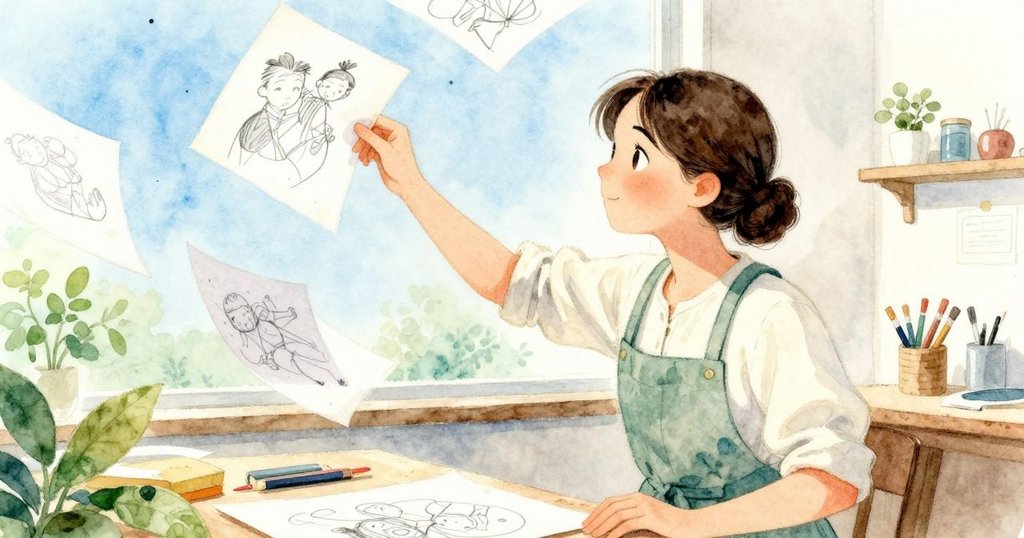 Sian 追逐被風捲起的飛舞圖紙，動作迅捷靈活，工作室瓷磚地面散落紙張，呈現活潑動感瞬間。