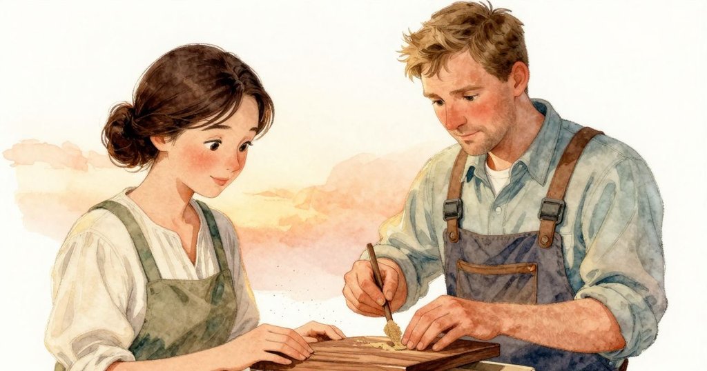 Sian 的雙手專注打磨胡桃木盒蓋，細微沙塵在暖燈光下繽紛飛舞，形成柔美動態軌跡。