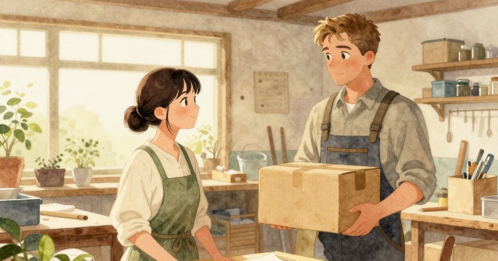 Grant 手持整齊包裝盒回到工作室，Sian 續以專注工序打磨作品，場景展現安詳持續發展的工作情景。