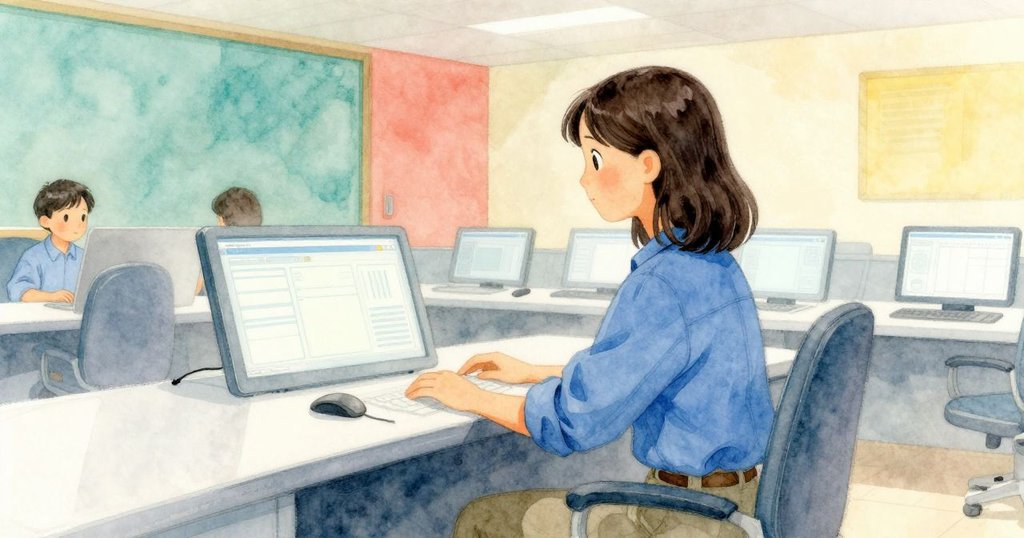 Rhea坐在明亮溫暖的控制室中，靜心準備操控工具，神情平和，展現工作初始的安靜與期待