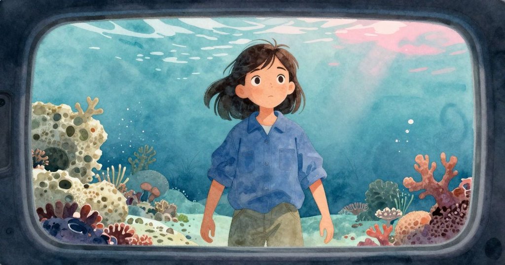 從攝像機視角看向水下石灰岩擱壁，藍色光暈中布滿藻類與脆弱珊瑚，展現海底神秘靜謐的美景