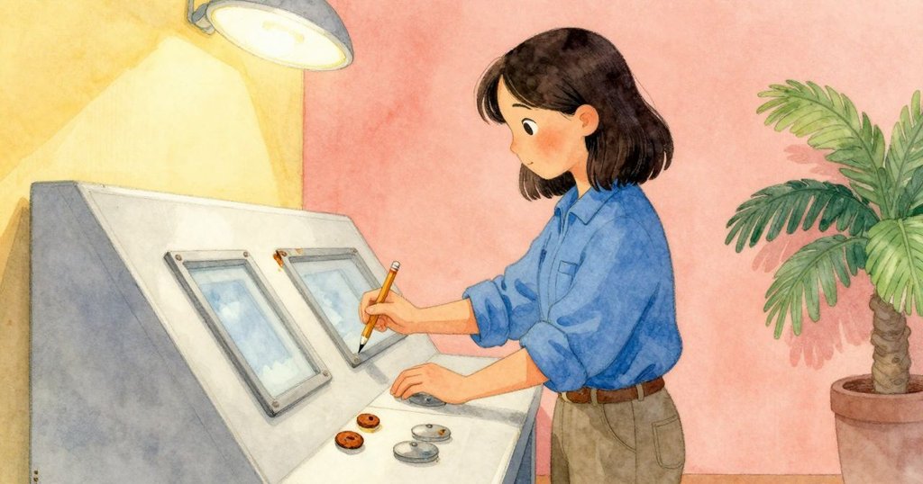 Rhea站起身檢查控制台上的銹跡與筆的位置，仔細連結桌面與海底細節，展現室內動態檢查場景