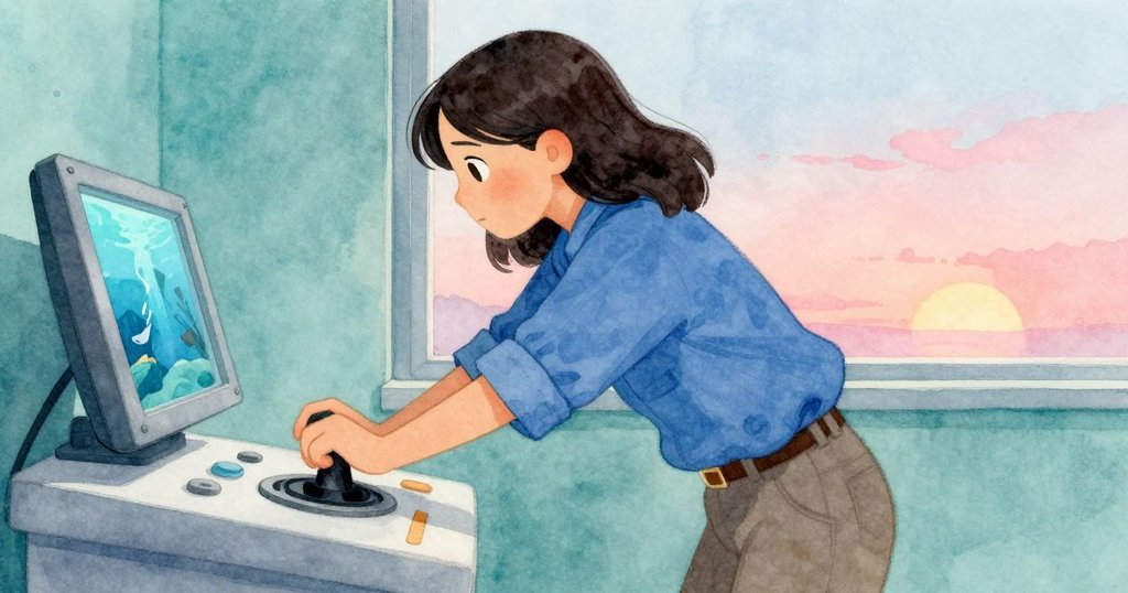 Rhea專注操作操縱桿，螢幕顯示水下秘境，室內藍光映襯下展現行動與回應的瞬間