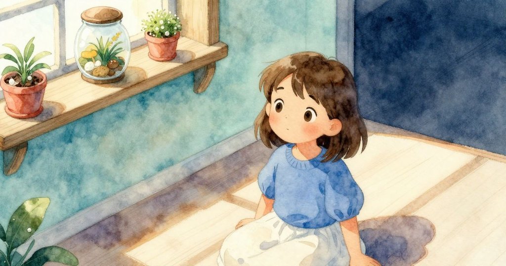 Selene輕推玻璃瓶放回光斑位置，從上方看房間全景，充滿柔和午後光線與平靜情緒