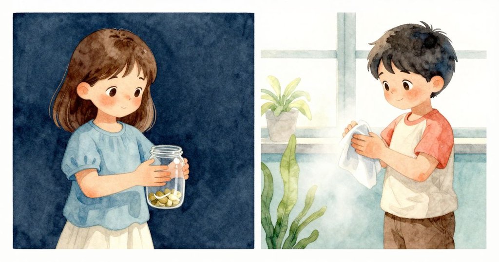 Selene輕旋玻璃瓶，Jasper用手肘拭去霧氣，雙場景並列，展現安靜共享細微美感