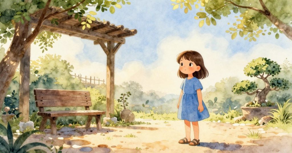 Ella 輕步走向庭院中的小凳，上午柔光下的涼亭和樹木營造出寧靜氛圍，展現故事開始