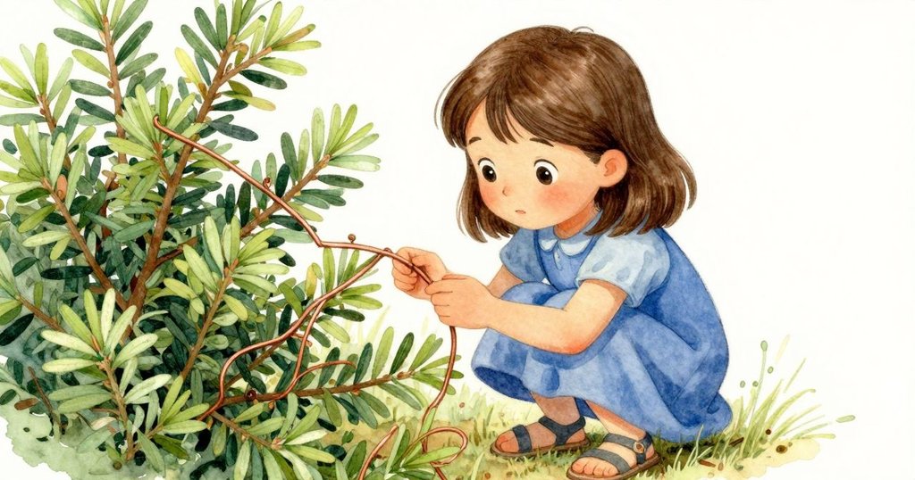 Ella 仔細觀察盤繞在杜松樹枝上的銅線，手中工具輕觸樹皮印痕，展現歲月痕跡