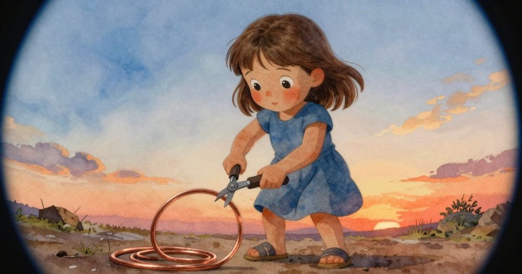 Ella 用力操作凹形刀剪，輕微魚眼效果呈現她專注的動作與盤繞於樹枝上的銅線