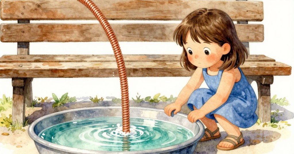 銅線在瞬間釋放，自庭院凳上空拋向水盤，反射出短暫銅光，充滿驚喜