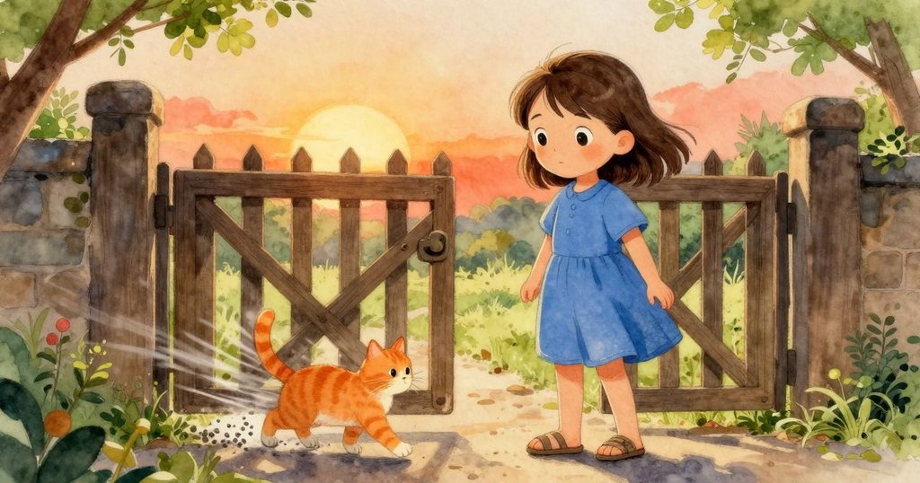 橘色貓咪在庭院門口慢步前行，腳步在碎石上留下輕柔軌跡，背景中Ella靜觀其變