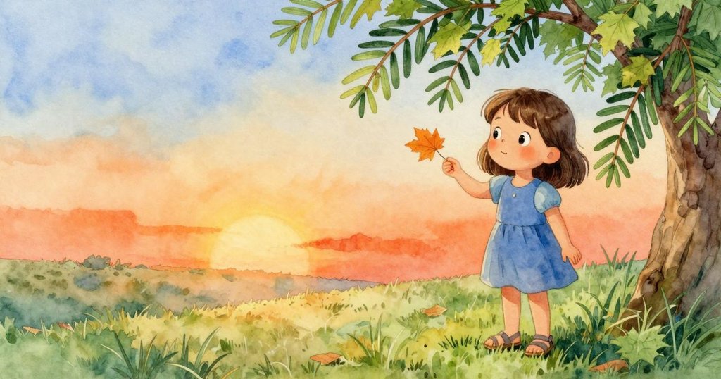 夕陽西下，Ella 靜立於樹旁凝視輕微痕跡，一片楓葉緩旋於空中，庭院洋溢柔和氣息