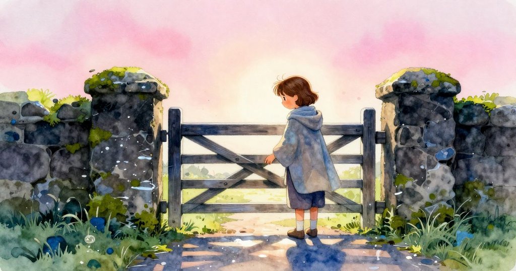 珍妮特在晨曦中沿狹窄水道前行，注視木門旁青苔石面，水面缺少閃爍，整體氛圍充滿神秘。