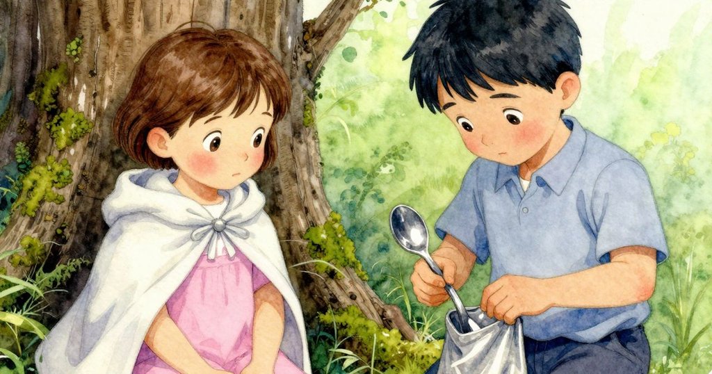 珍妮特的手聚焦取出彎曲湯匙，展現布袋與木門紋理細節，手部動作自然溫柔。