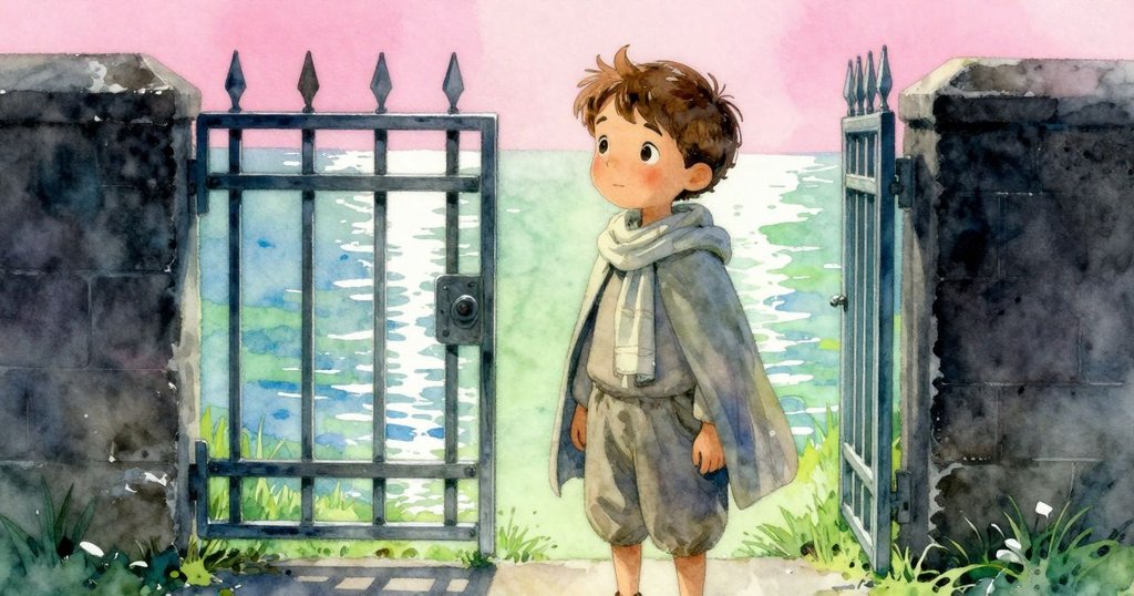 珍妮特回憶門旁石塊完好時水面銀光閃爍，畫面運用懷舊色調，展現往昔溫柔時光。