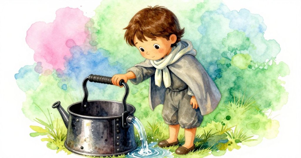 珍妮特停於鐵手把旁，輕觸金屬，水流環繞腳踝，眼神流露出深思與抉擇的瞬間。