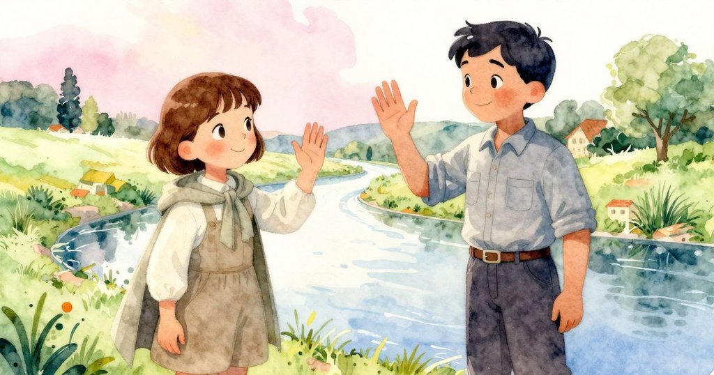 在彎道遠處，農民揮手問好，珍妮特回以溫暖手勢，背景中水道與田野散發晨光魅力。