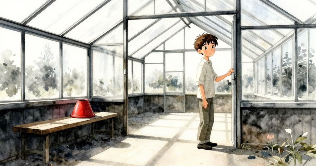 布拉姆步入安靜溫室，注意到中間桌上倒扣的陶罐，柔和光線映出綠色植栽，帶有驚奇與好奇。