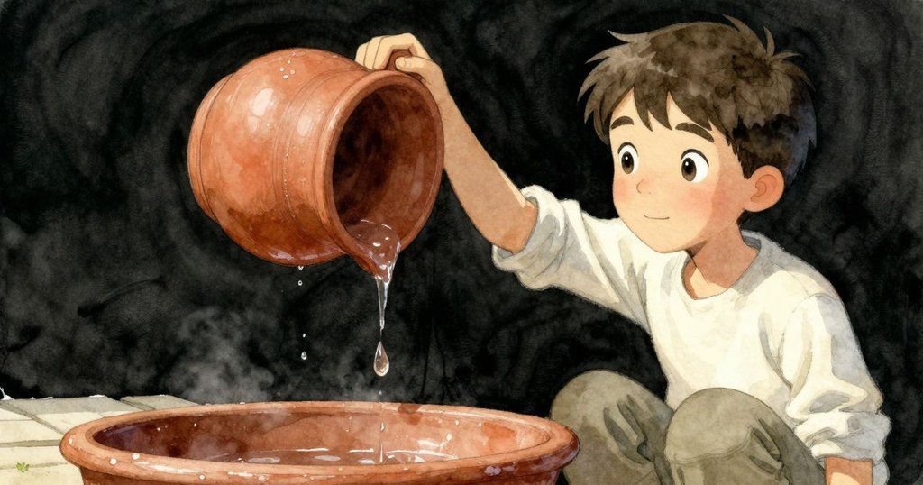 布拉姆專注凝視倒扣陶罐，手輕觸罐沿，滴水在玻璃溫室內明亮顯現，充滿細膩發現。