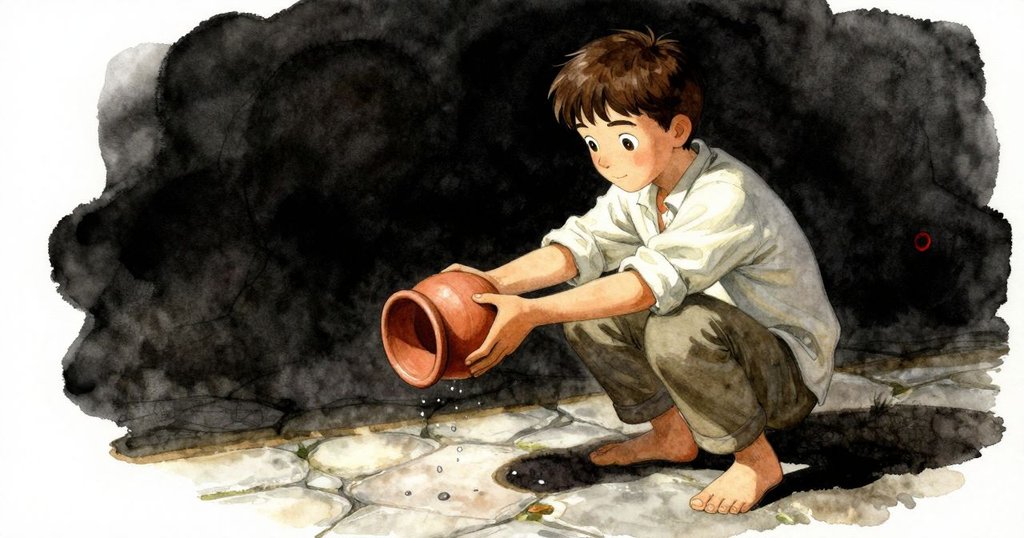 布拉姆蹲下輕觸陶罐曲邊，倒扣罐內積水閃著水光，傾斜視角突顯瞬間發現，神情專注。