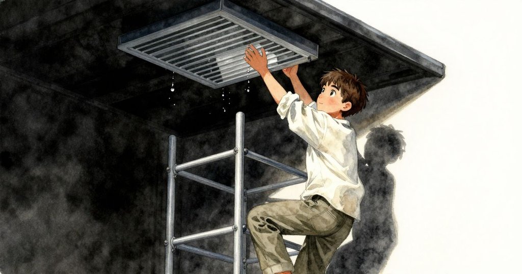 布拉姆攀爬移動架，注視天窗上滴水閃光，室內溫室呈現柔光與細節，充滿動態探索。