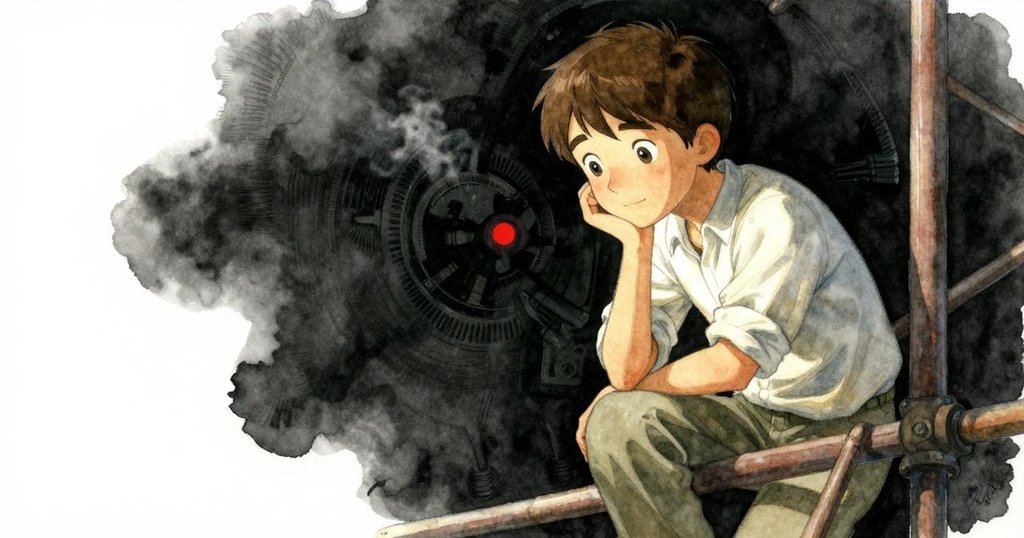 布拉姆在移動架上停頓，濕潤衣袖映出猶豫神情，細緻刻畫內心掙扎與溫室環境。