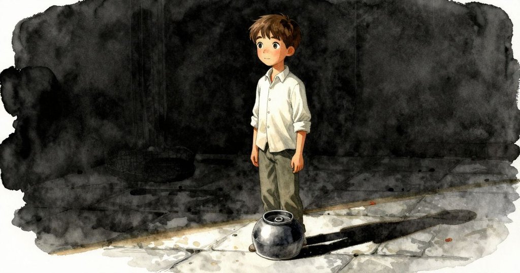 布拉姆在石板上平靜站立，手持倒扣陶罐沉思，滴水聲與晨光交織展現溫室靜謐結局。