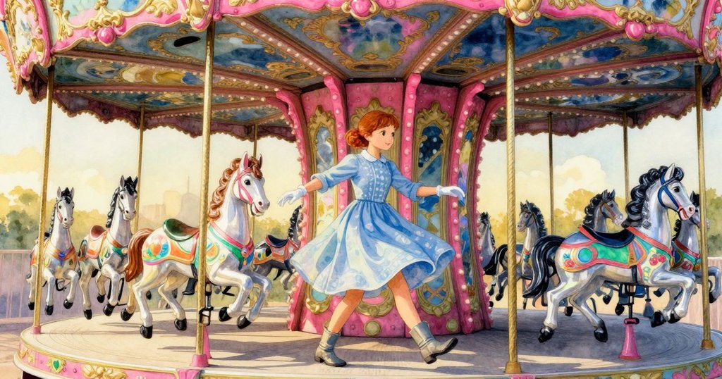 Delia 踏進充滿霓虹色彩的旋轉木馬入口，充滿期待與夢幻氛圍