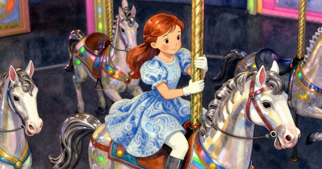 從高處俯瞰，Delia 坐在雕花木馬上，手輕觸黃銅柱，背景展現充滿霓虹與古典美的旋轉木馬