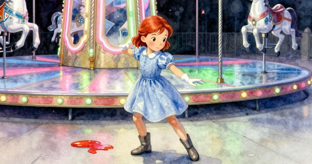 Delia 停留在旋轉木馬台邊的糖漿水坑旁，凝視著黏稠黃銅環與星鴉，情緒沉思而溫暖