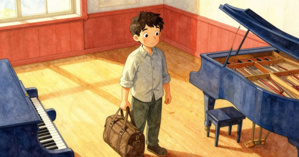 Viggo 進入音樂室, 從高空視角看到半閉鋼琴, 放下包包, 表情好奇, 室內溫暖悠然