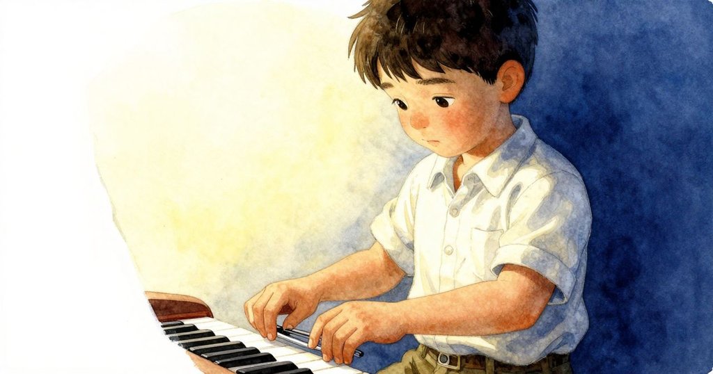 Viggo 聚精會神操作調音叉與琴鍵, 手部特寫展示傳統與回憶, 光線柔和