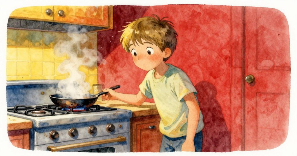 廚房中被忽略的鍋子在冷水下發出嗞嗞聲, 蒸汽上升, Archie 好奇觀看, 燈光柔和而溫暖