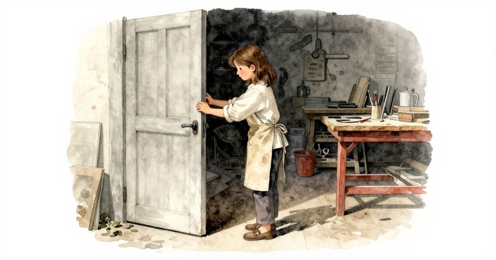 Lana小心打開低矮的門，走進充滿墨水痕跡和柔光的印刷室，神情專注展現故事開端