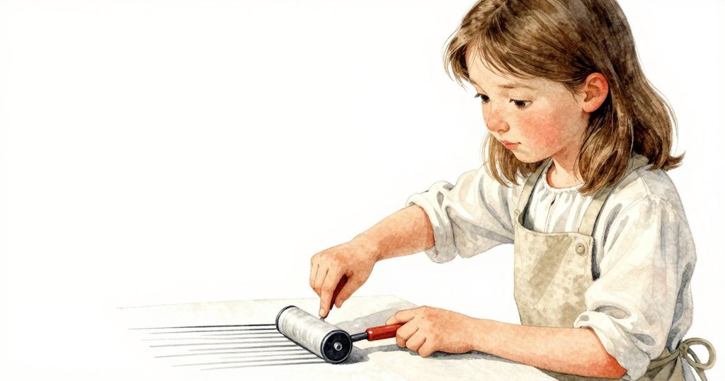 Lana用手指輕觸沾墨輥子上窄縫，展現出等待時光的痕跡與溫暖秘密，細膩且溫馨