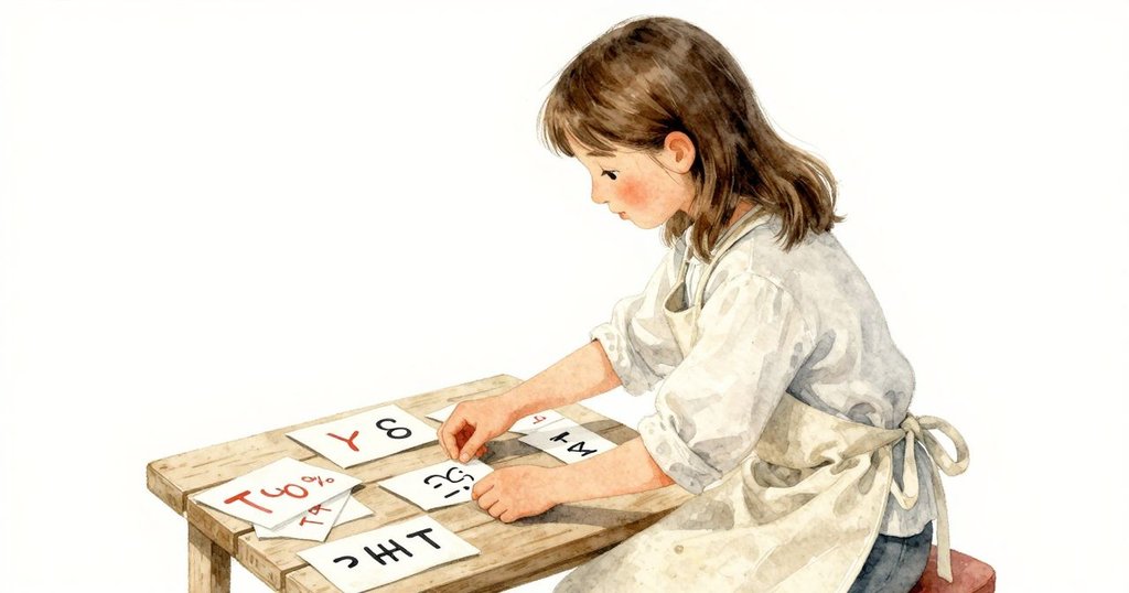 從背後看見Lana專注地整理小寫字母，工作台上散落著字母和墨跡，呈現出故事發展的細節