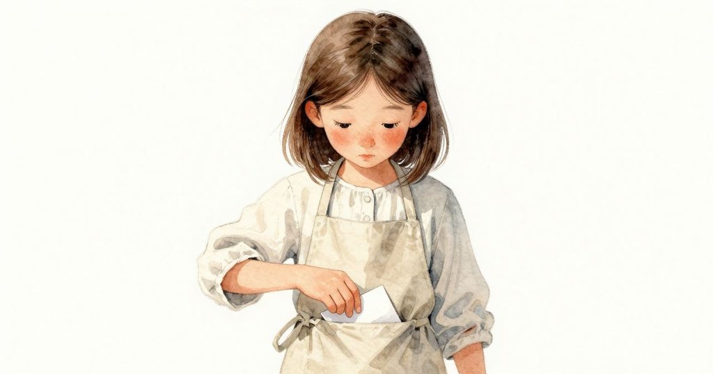 Lana小心翼翼地將最新印記折疊後放入工作圍裙隱秘口袋中，背景呈現正在風乾的印刷頁，充滿神秘氣息