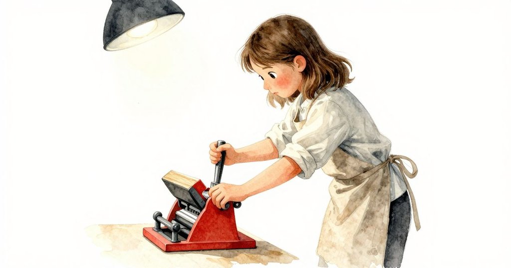 瞬間凝固中，印刷機壓板正緩降，Lana神情充滿期待，環境中透出濃厚墨跡與陰影，營造緊張氛圍